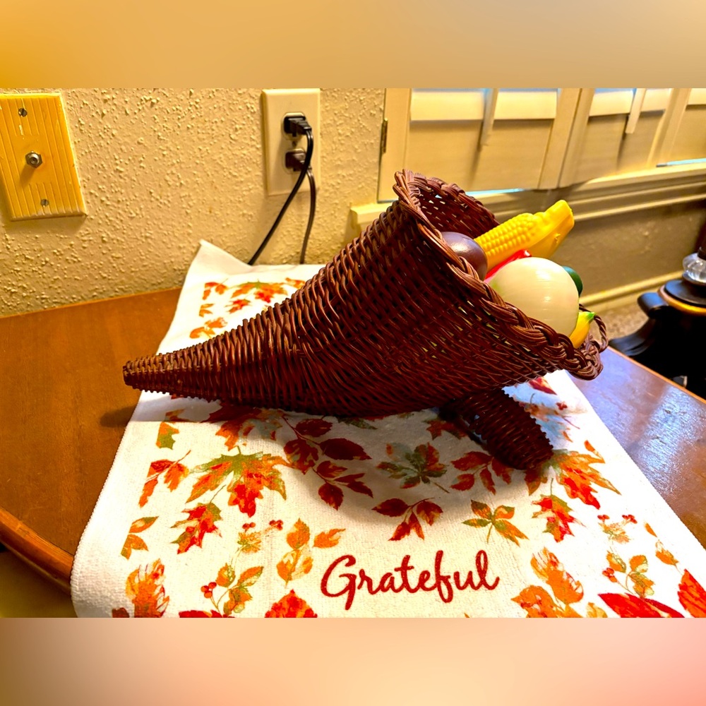 Vintage Wicker Cornucopia with Plastic Vegetables